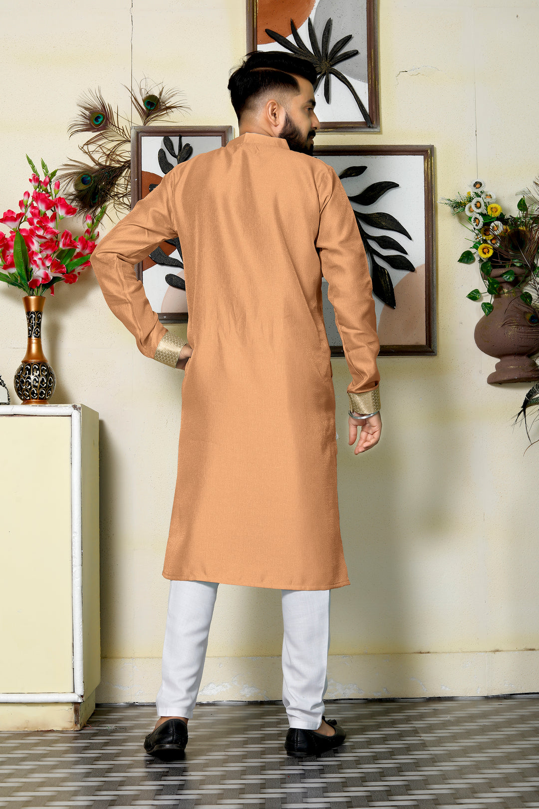 Venila Silk Men Peach Kurta with Pajama