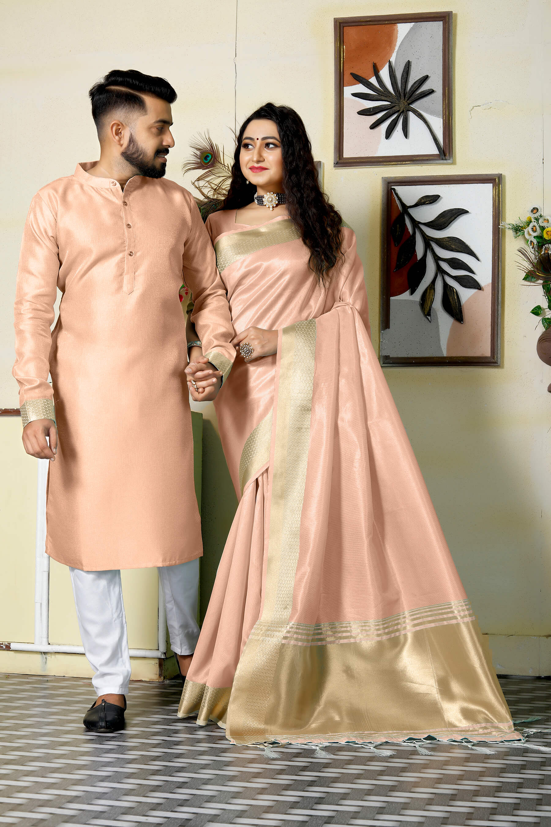 Sweety Pink Couple Dress Silk Saree & Kurta