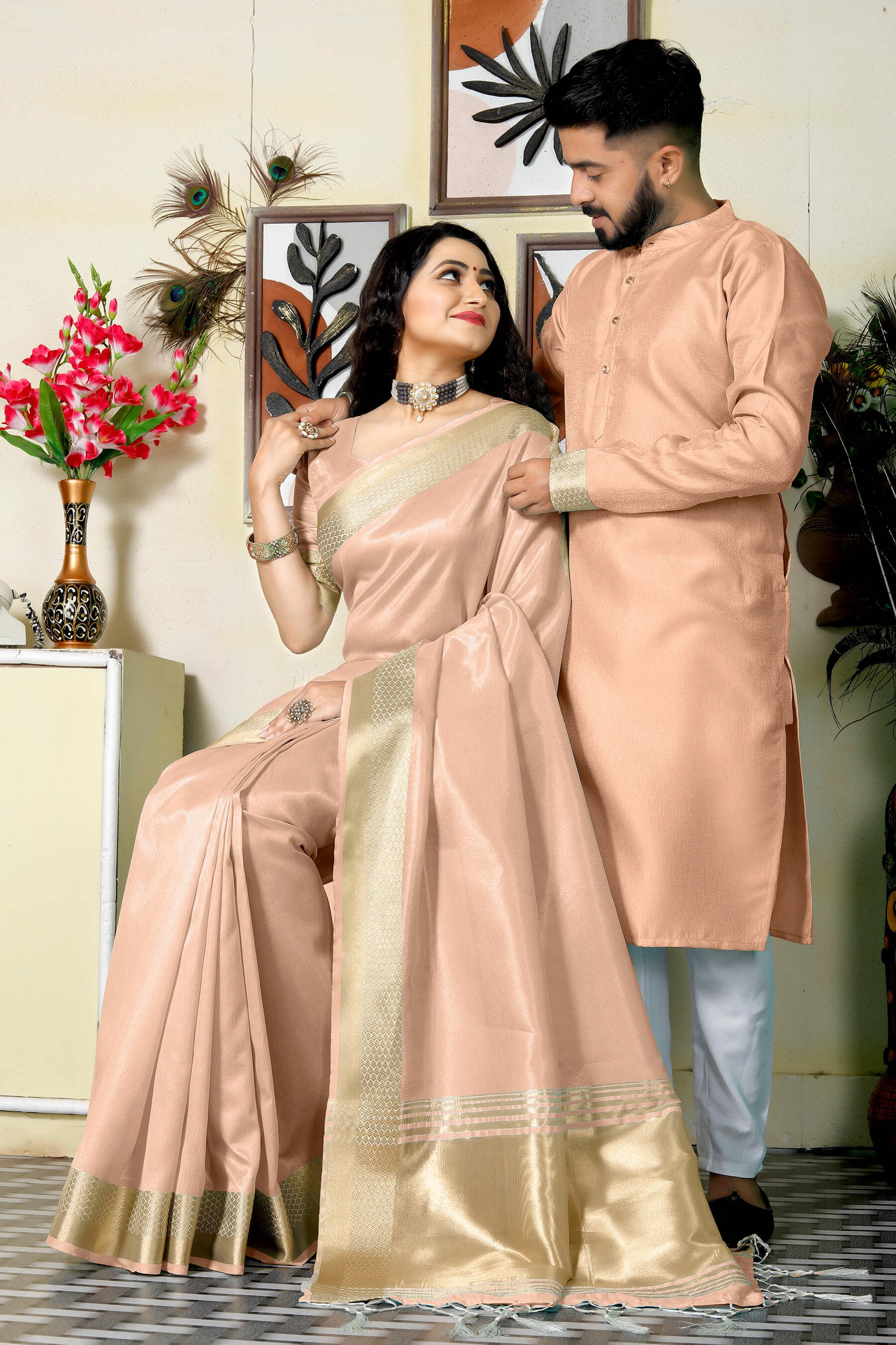 Sweety Pink Couple Dress Silk Saree & Kurta
