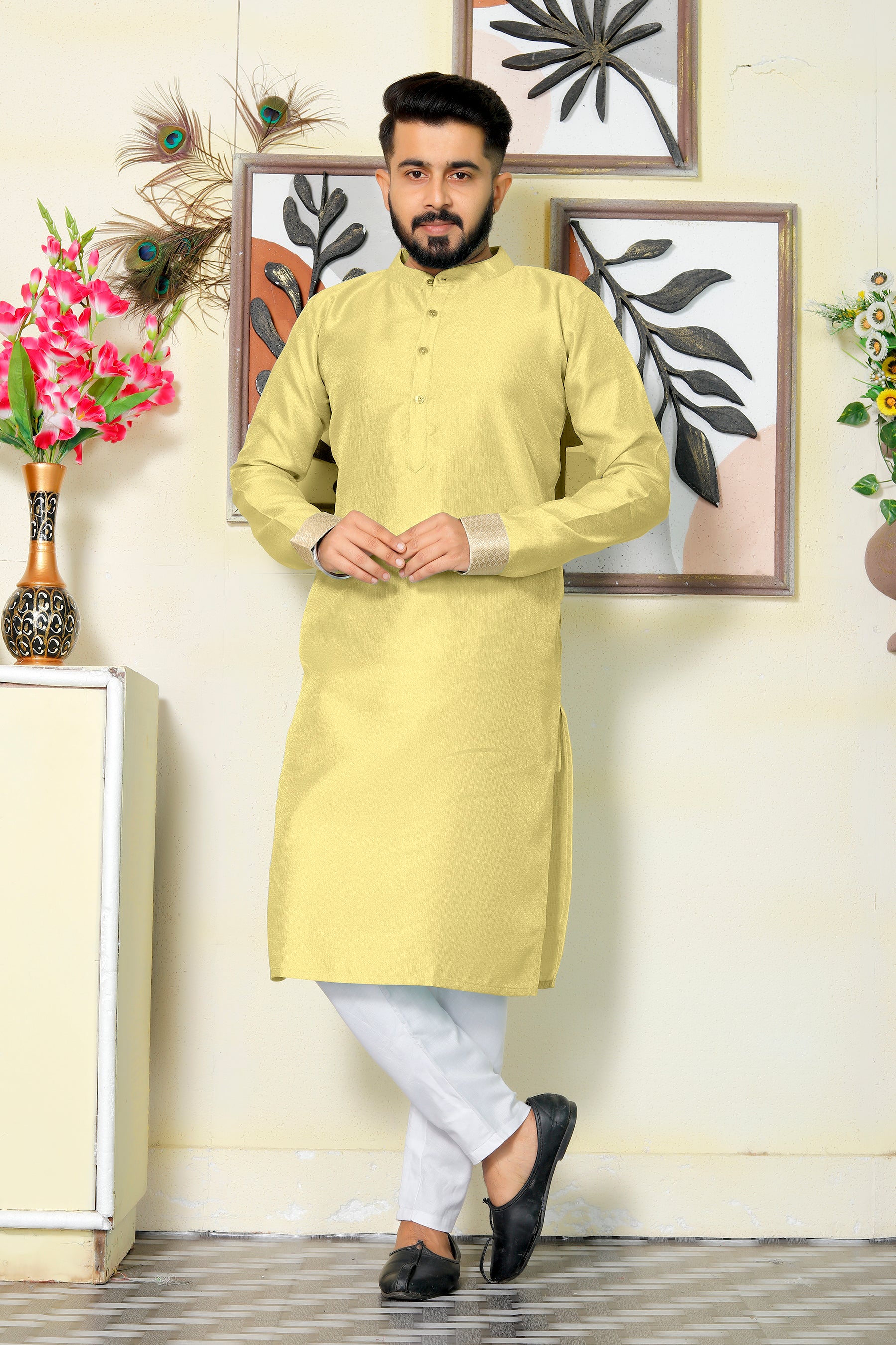 Venila Silk Men Yellow Kurta with Pajama