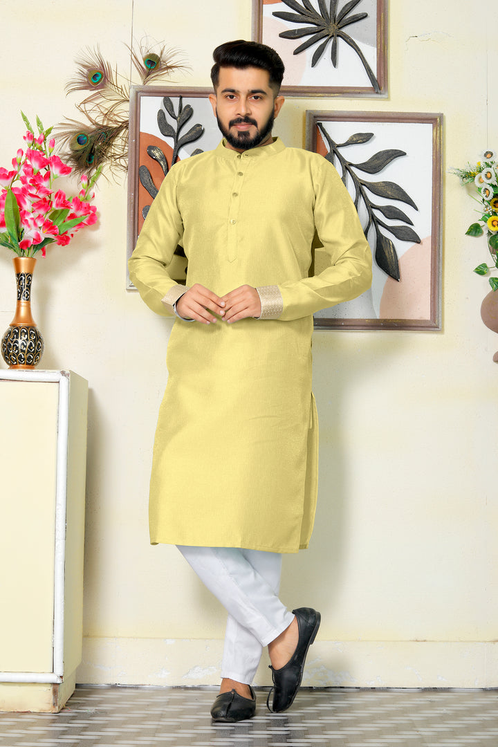 Venila Silk Men Yellow Kurta with Pajama