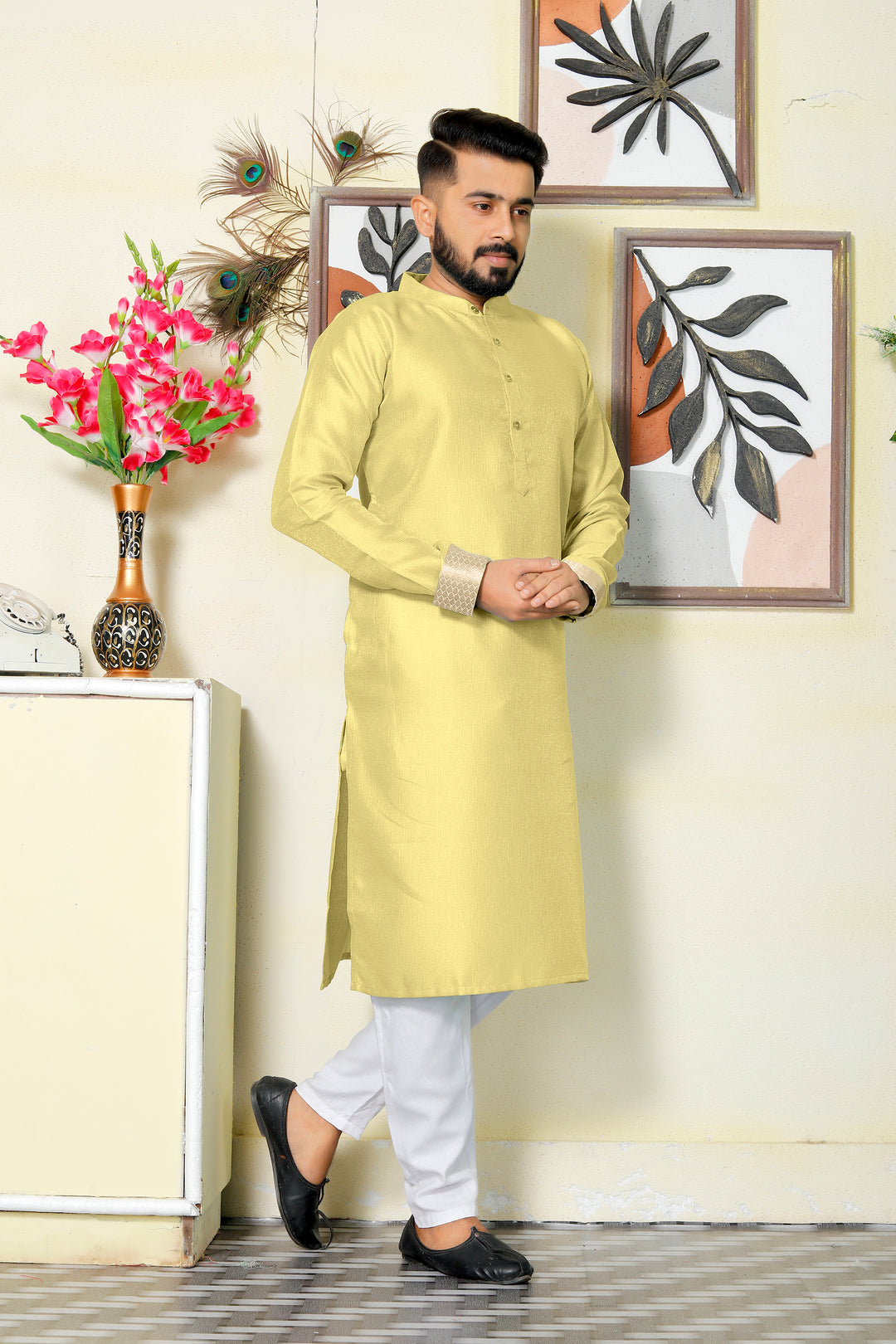 Venila Silk Men Yellow Kurta with Pajama