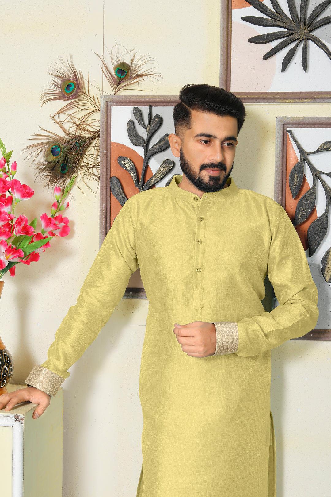 Venila Silk Men Yellow Kurta with Pajama