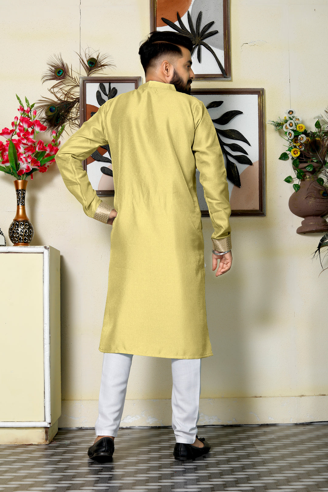 Venila Silk Men Yellow Kurta with Pajama