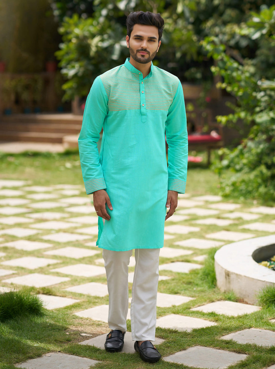 Elegant Men Silk Teal Kurta with Pajama