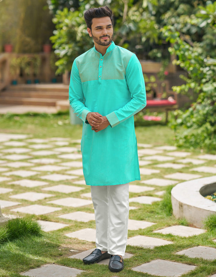 Elegant Men Silk Teal Kurta with Pajama