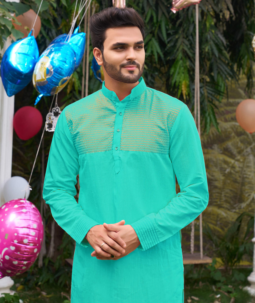 Elegant Men Silk Teal Kurta with Pajama