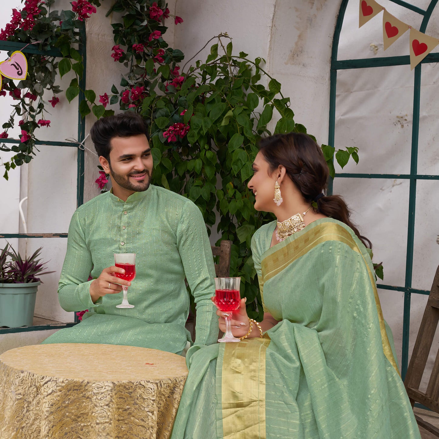 Bansri Gold Teal Couple Set Saree and Kurta