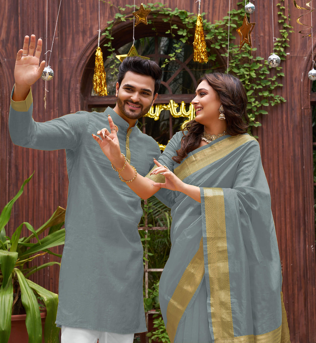 Cutie Grey Couple Matching Dress Orgenza silk Saree & Kurta