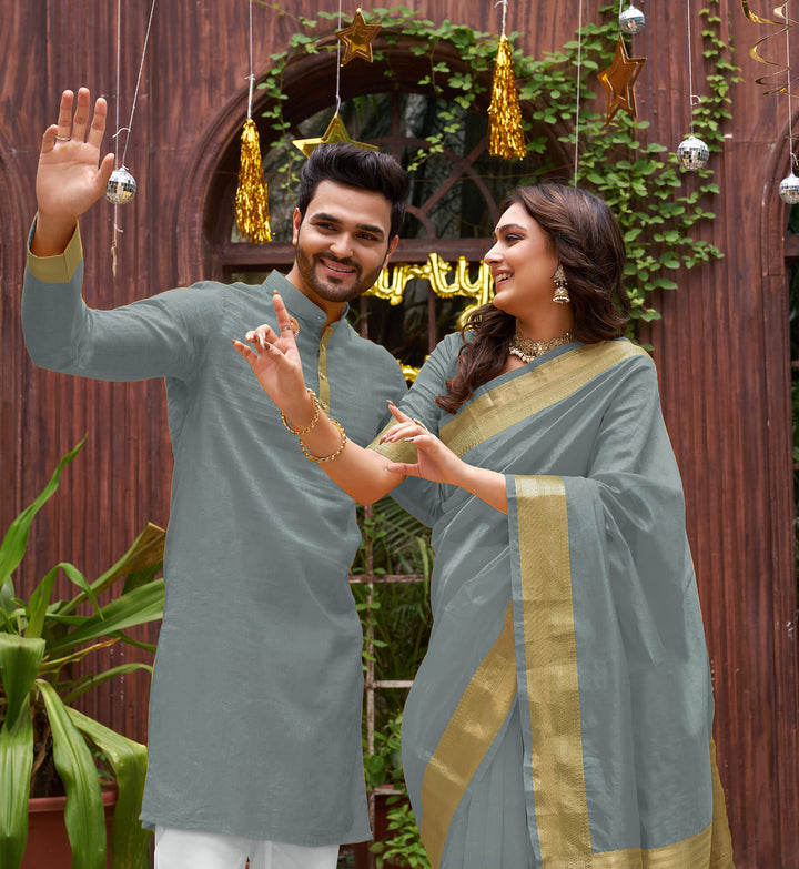 Cutie Grey Couple Matching Dress Orgenza silk Saree & Kurta
