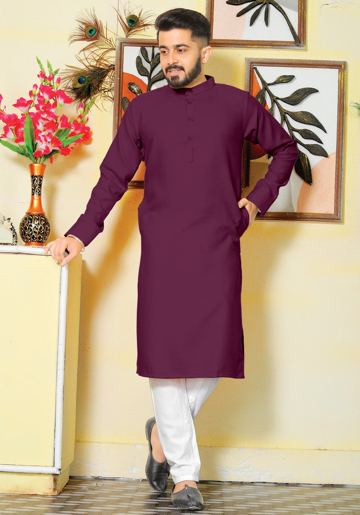 Archittam  Wine Cotton Dobby Slim Fit Long Kurta