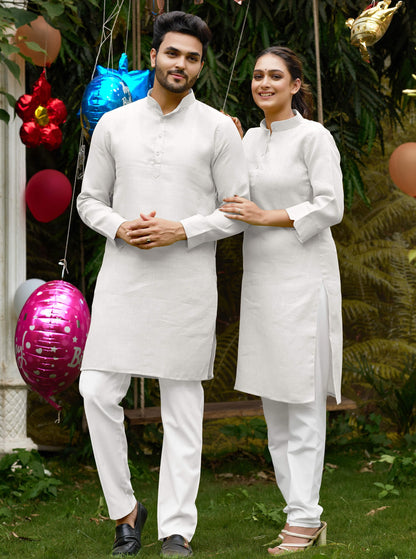 Linen Cotton Kurti and Kurta White Couple Combo