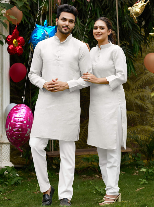 Linen Cotton Kurti and Kurta White Couple Combo