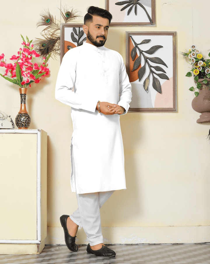 Gallant White Men Cotton Kurta Pyjama