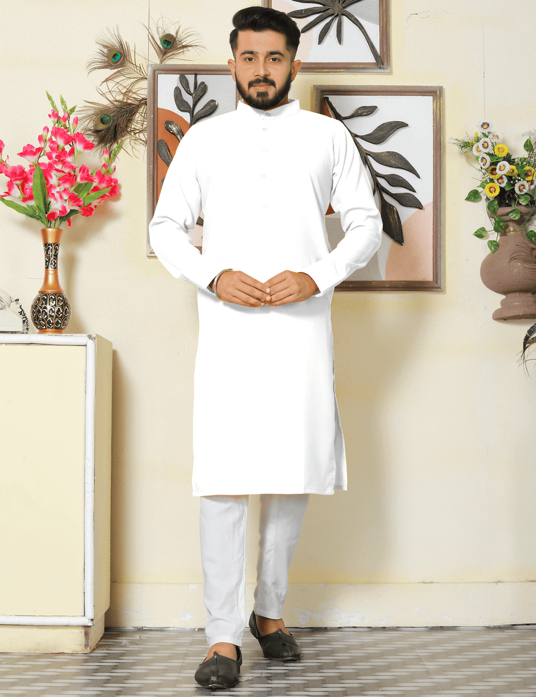 Gallant White Men Cotton Kurta Pyjama