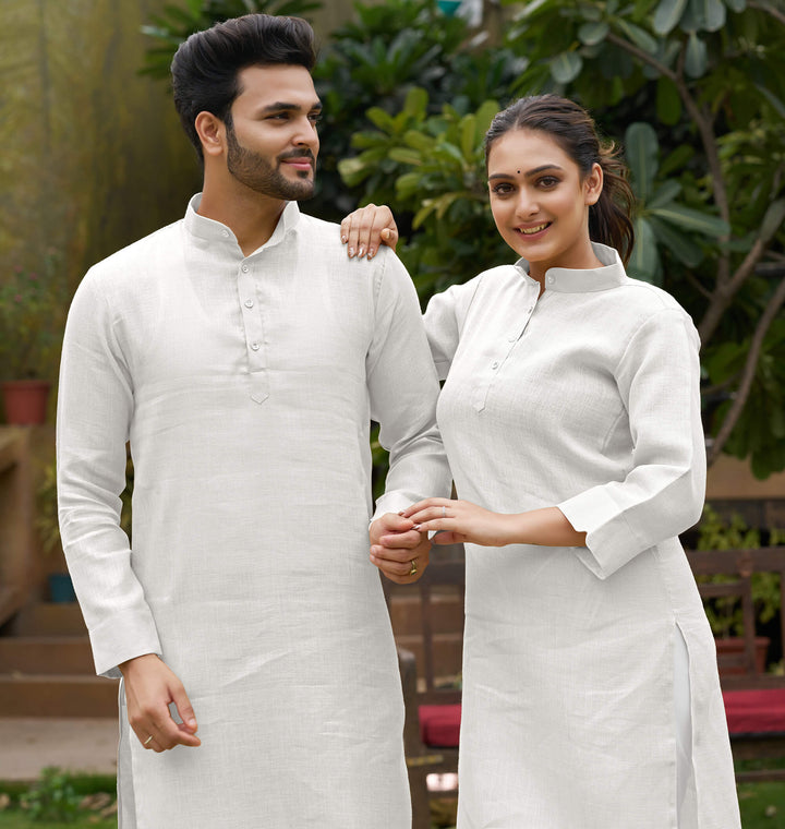 Linan Cotton Kurti and Kurta Diamond White Couple Dress