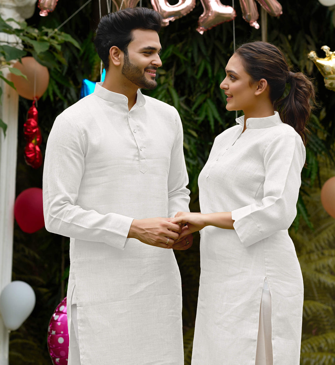 Linan Cotton Kurti and Kurta Diamond White Couple Dress