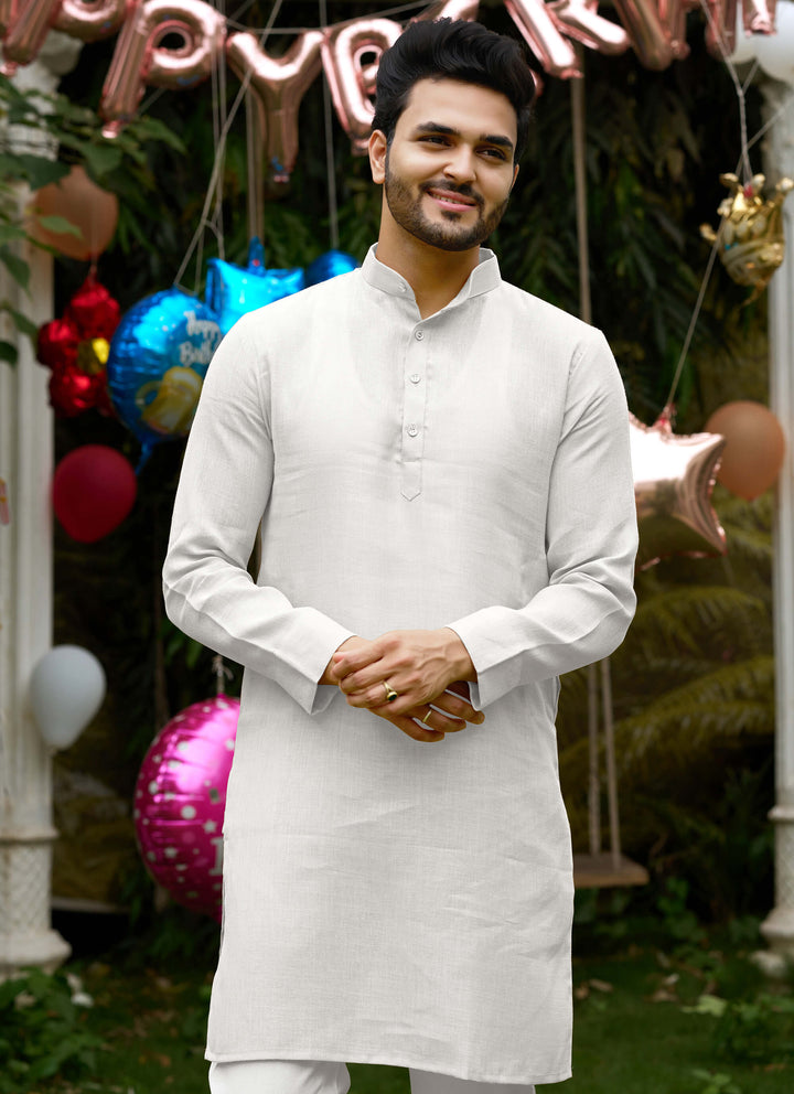 Royal Men Linen Cotton White Kurta pyjama