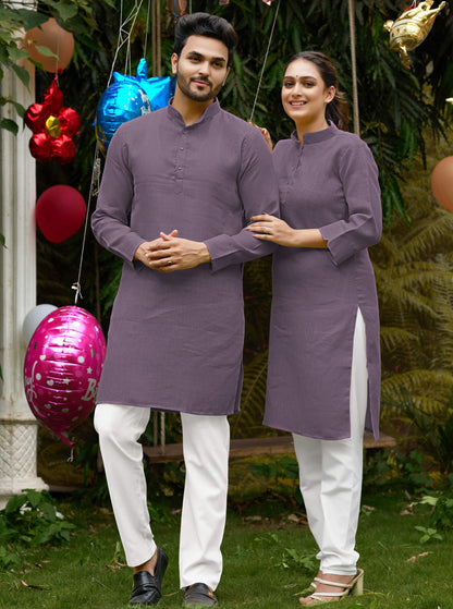Linen Cotton Kurti and Kurta Purple Couple Combo