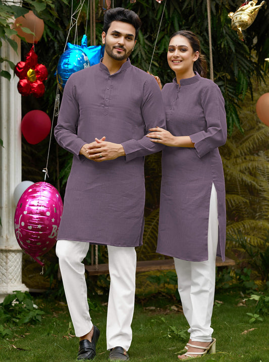 Linen Cotton Kurti and Kurta Purple Couple Combo