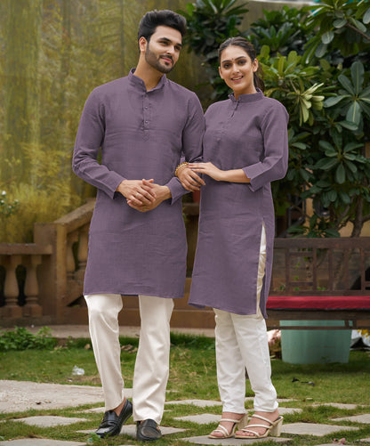 Linen Cotton Kurti and Kurta Purple Couple Combo