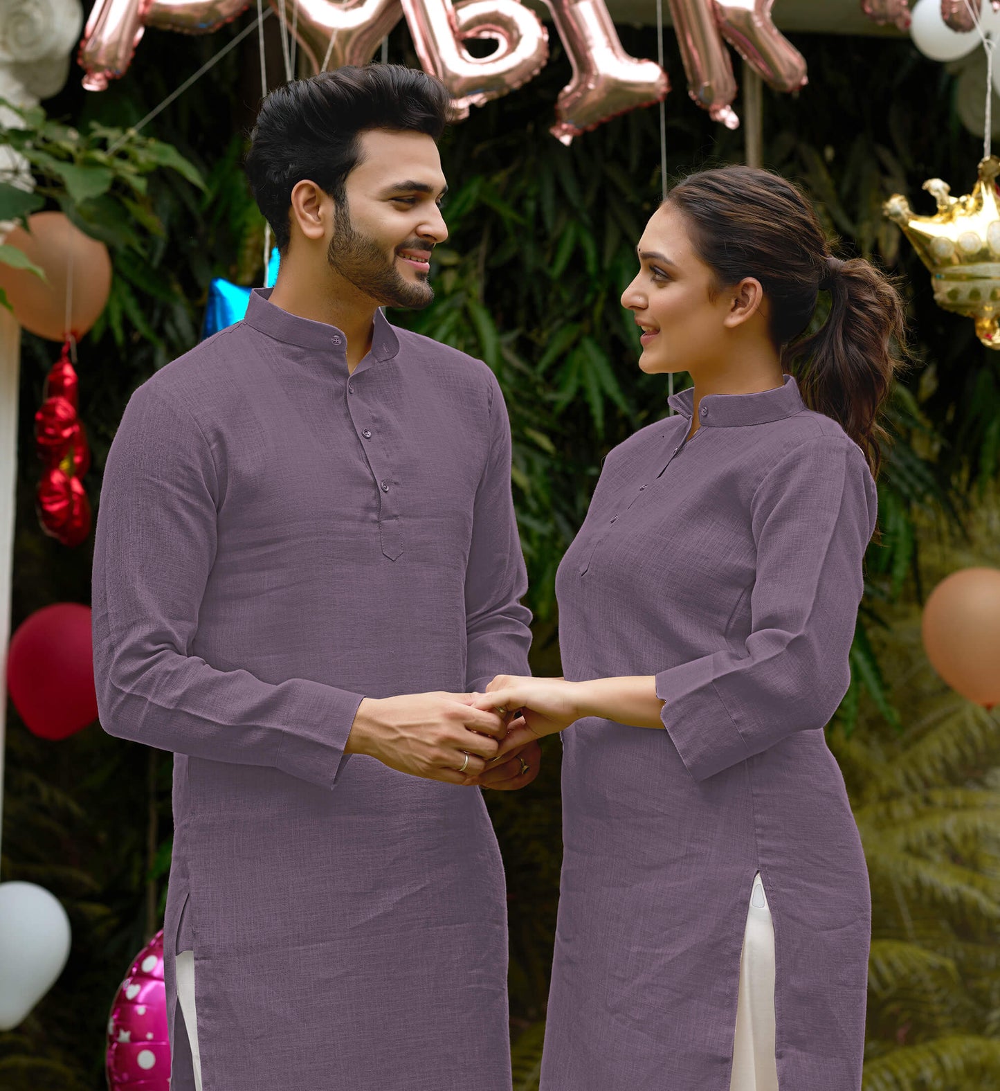 Linen Cotton Kurti and Kurta Purple Couple Combo
