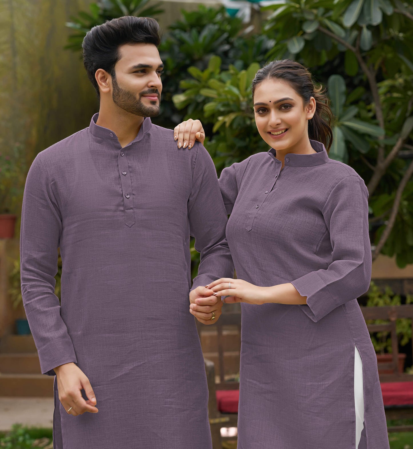 Linen Cotton Kurti and Kurta Purple Couple Combo
