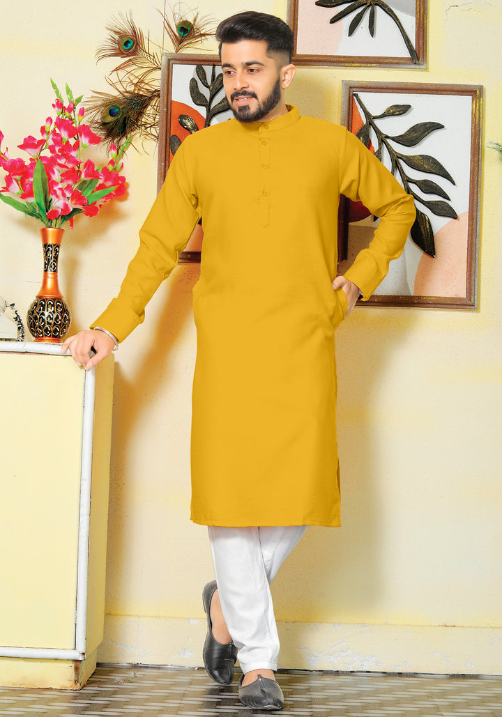 Archittam  Yellow Cotton Dobby Slim Fit Long Kurta