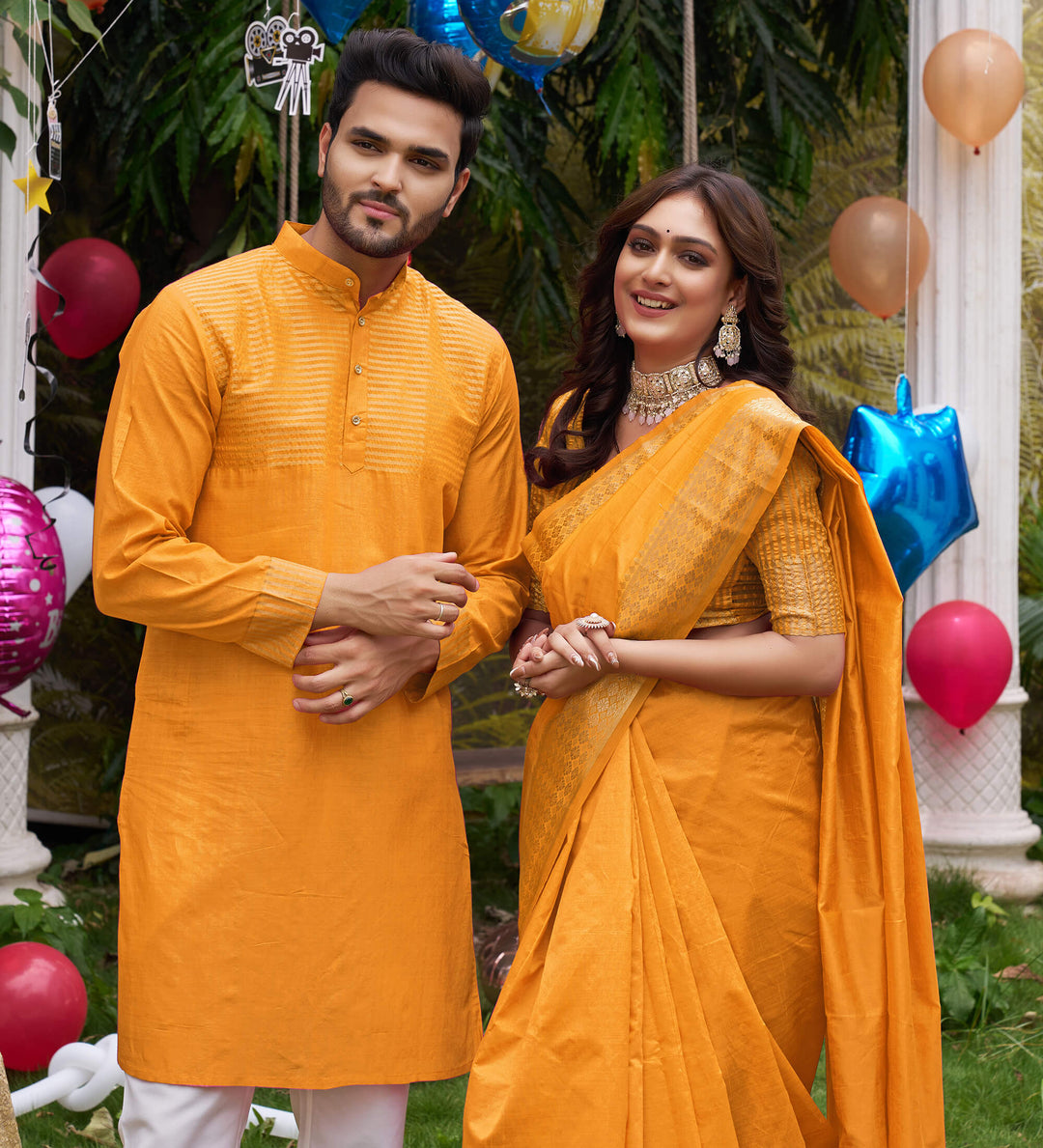 Aasam Silk Couple Dress Haldi Yellow Saree & Kurta