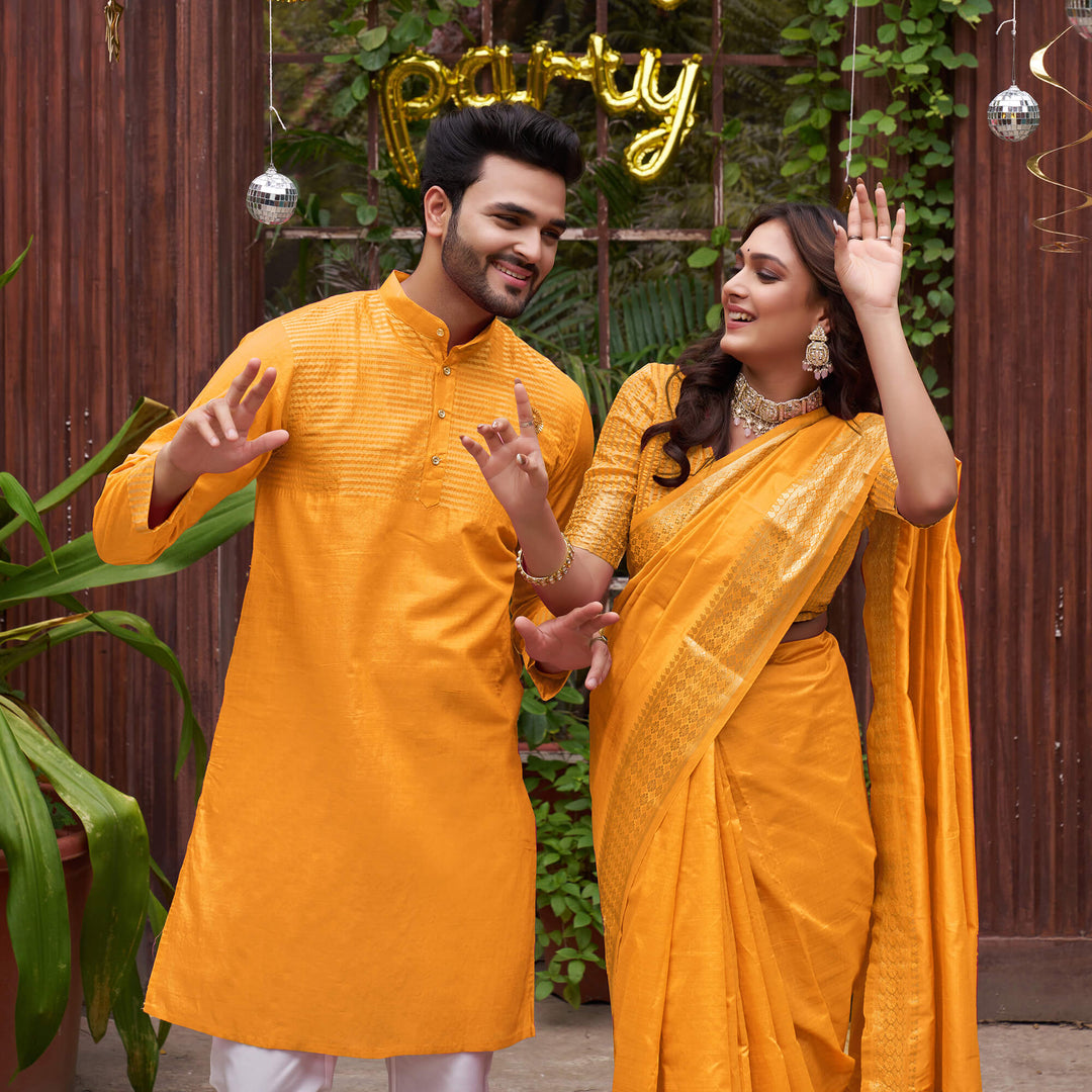 Aasam Silk Couple Dress Haldi Yellow Saree & Kurta