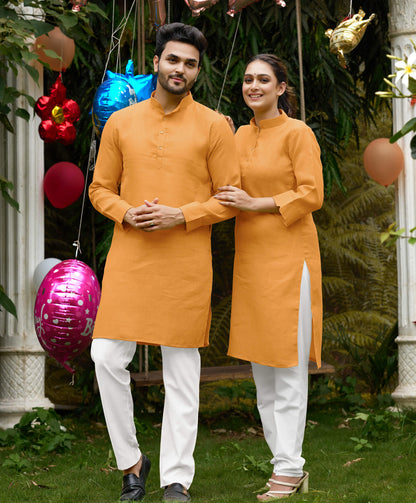 Linen Cotton Kurti and Kurta Yellow Couple Combo