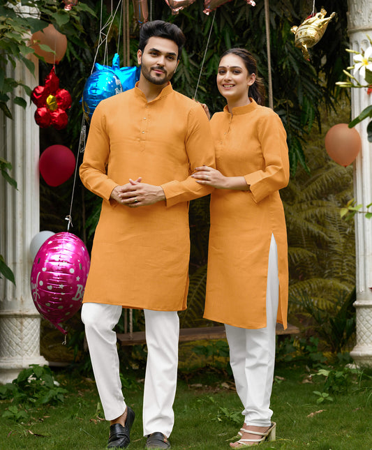Linen Cotton Kurti and Kurta Yellow Couple Combo