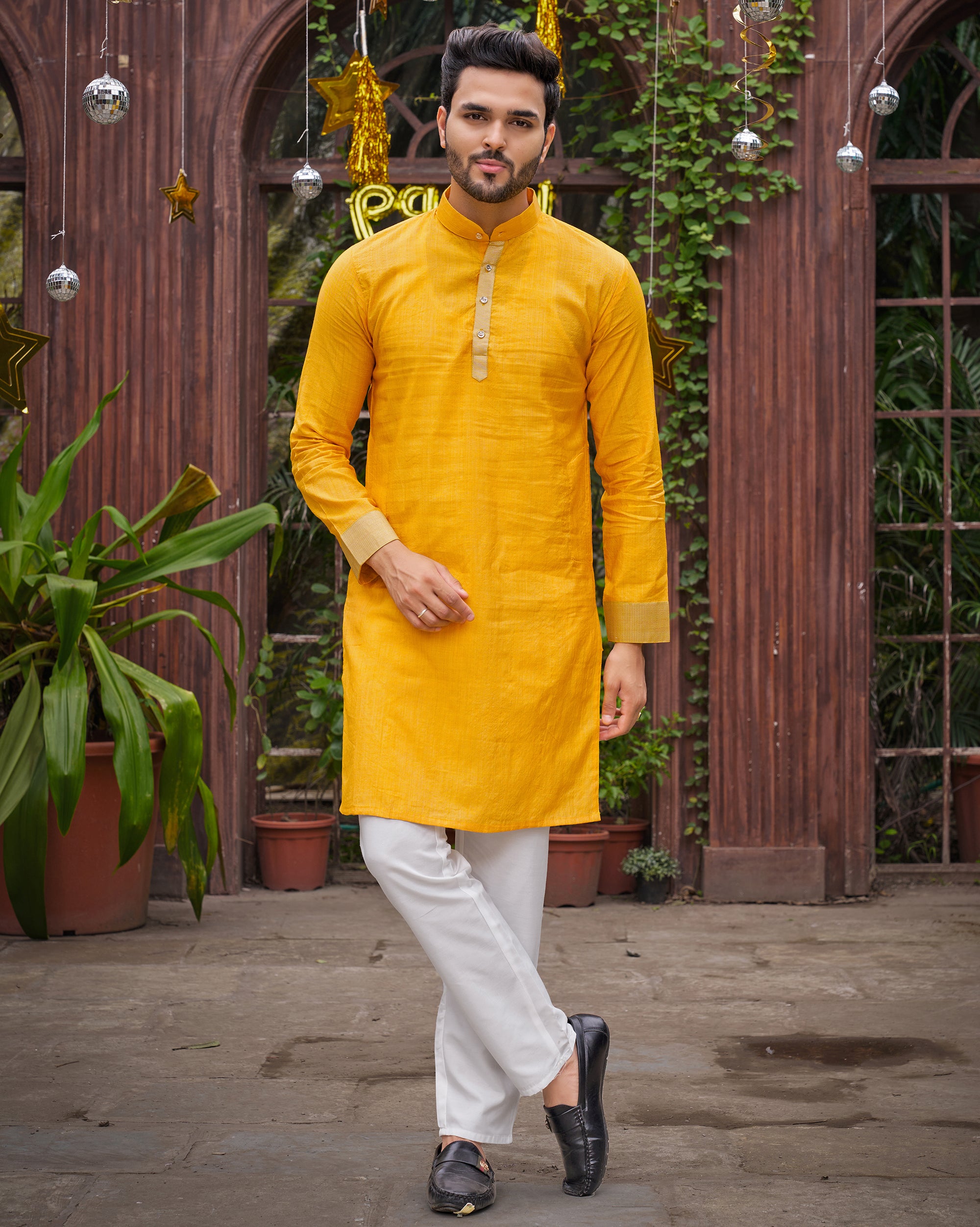 Classic Men Silk Yellow Kurta with Pajama