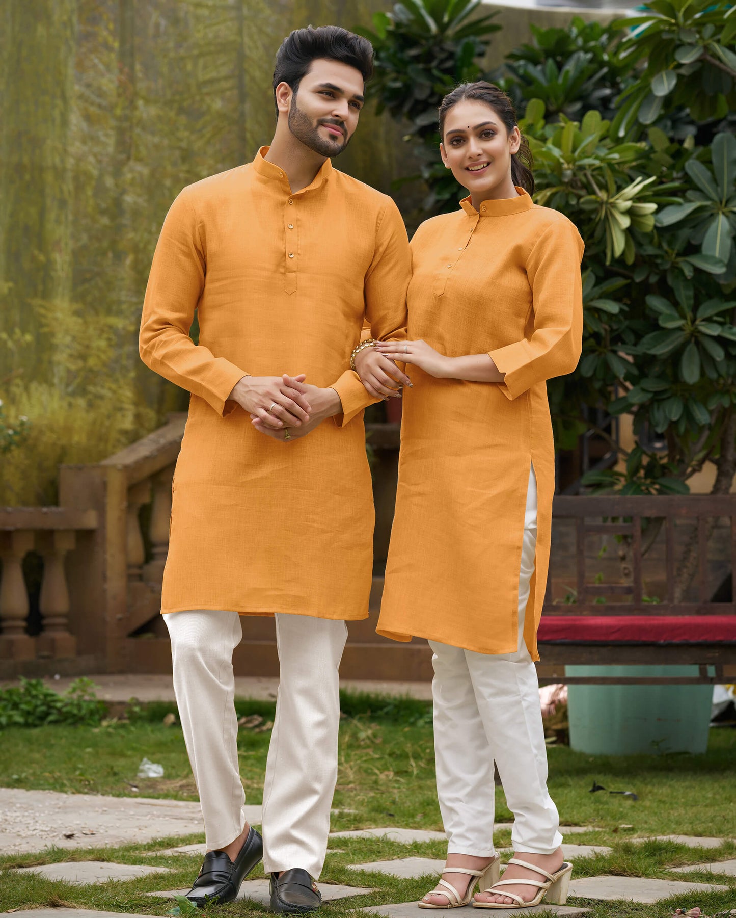 Linen Cotton Kurti and Kurta Yellow Couple Combo