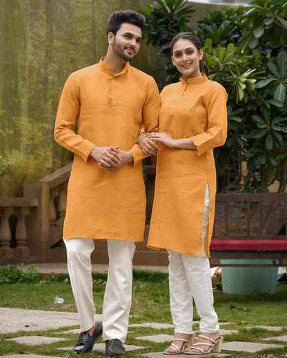 Linen Cotton Kurti and Kurta Yellow Couple Combo