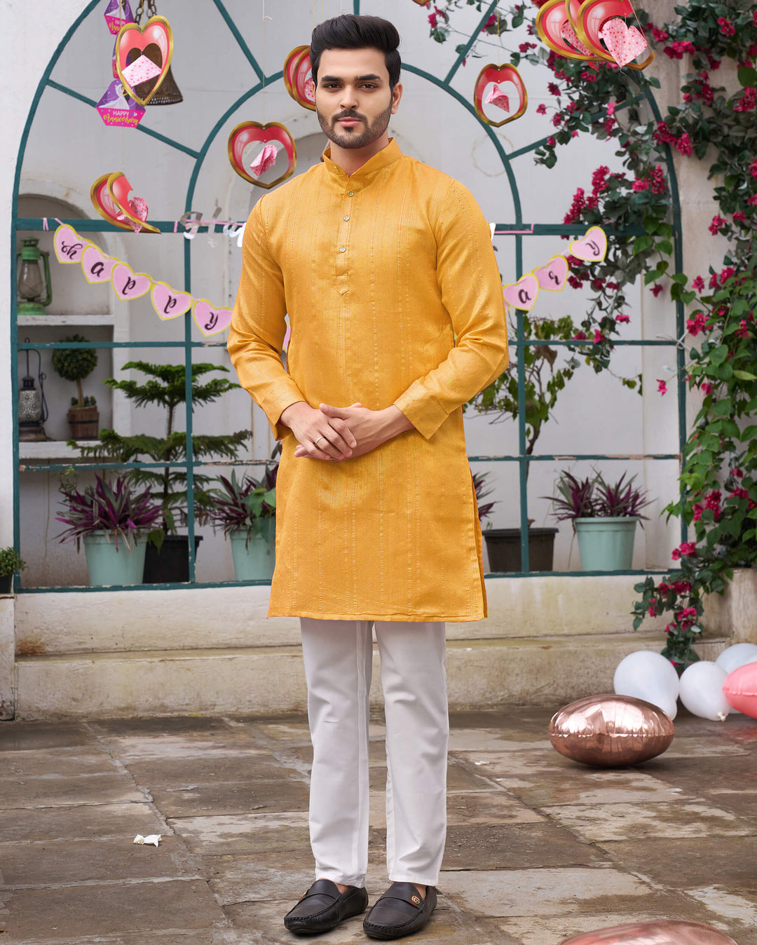 Stylish Men Zari Silk Gold Yellow Kurta with Pajama