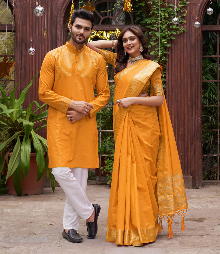 Aasam Silk Couple Dress Haldi Yellow Saree & Kurta