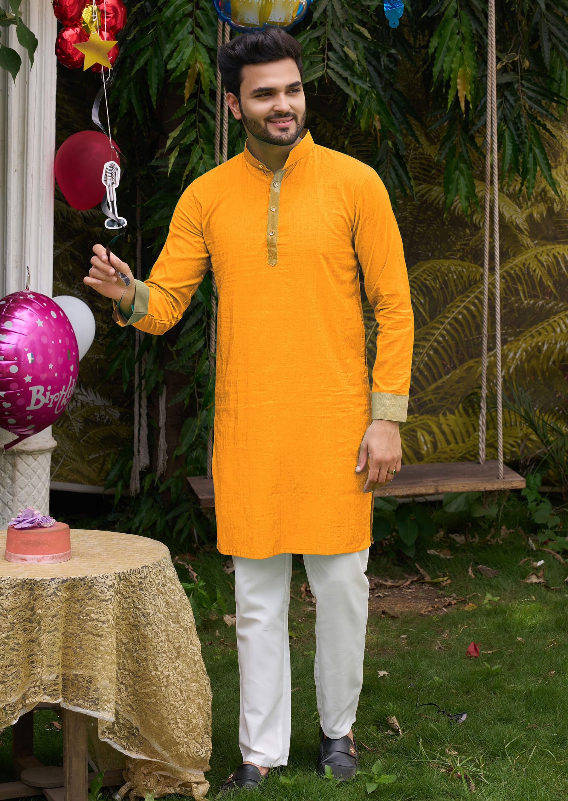 Classic Men Silk Yellow Kurta with Pajama