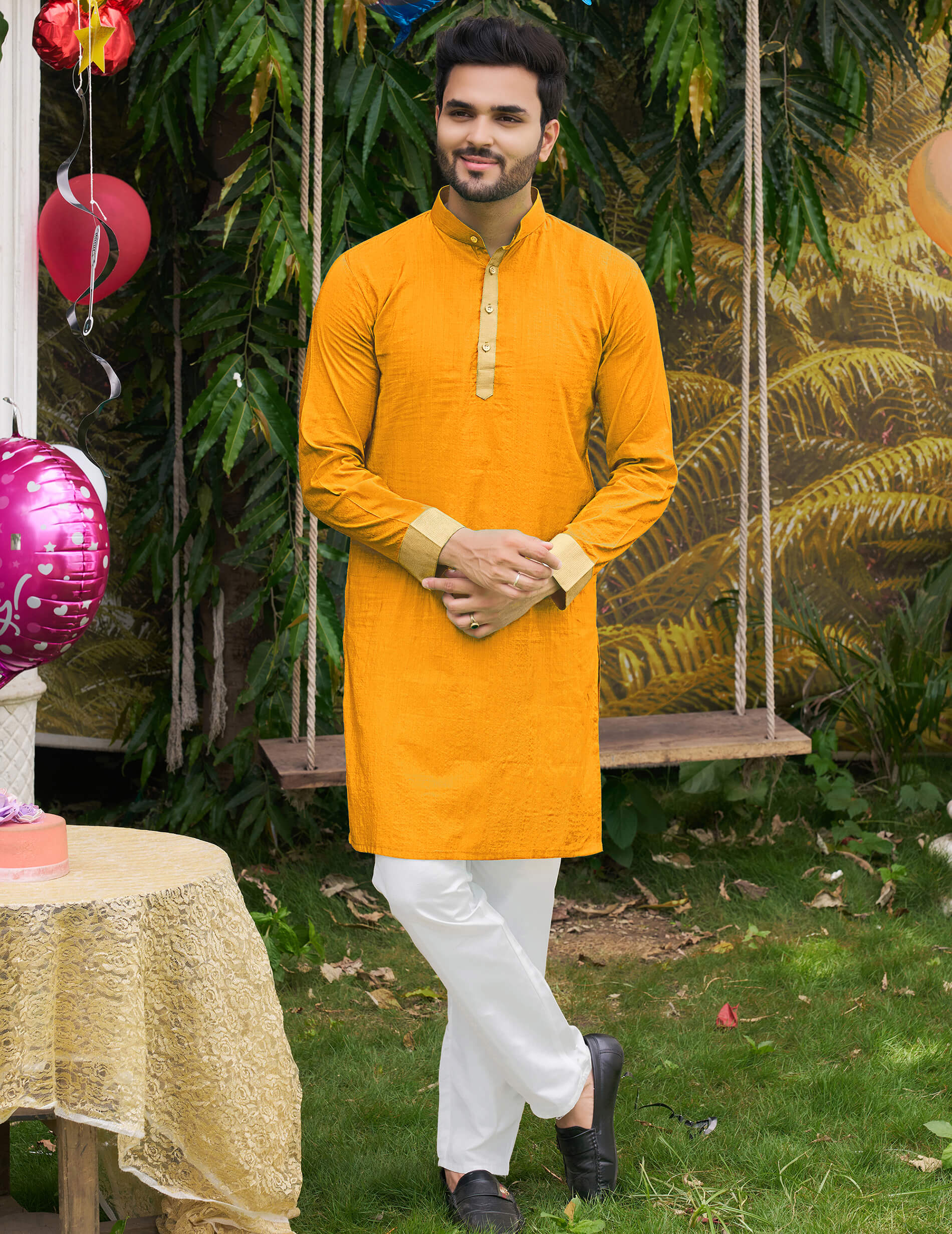 Classic Men Silk Yellow Kurta with Pajama