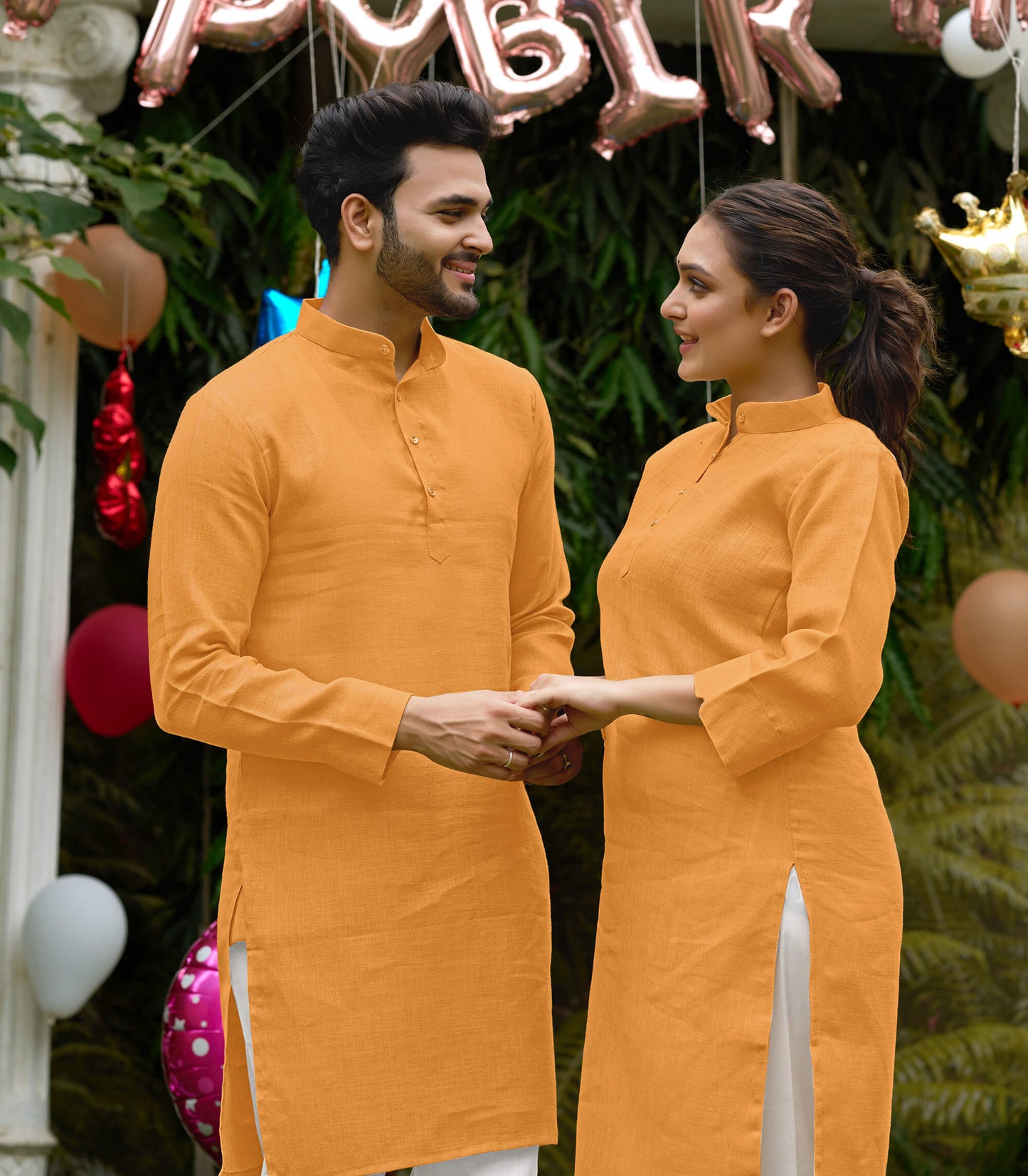 Linen Cotton Kurti and Kurta Yellow Couple Combo