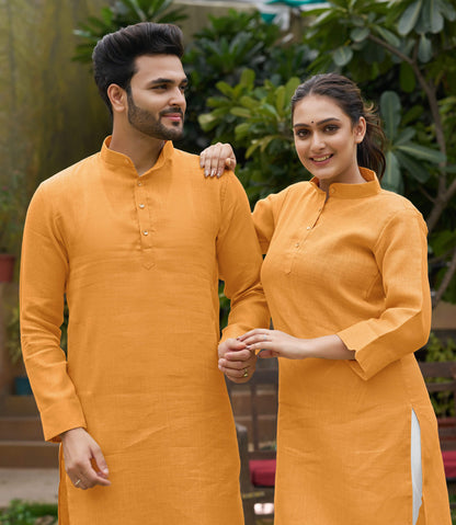 Linen Cotton Kurti and Kurta Yellow Couple Combo