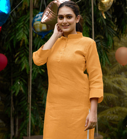 Linen Cotton Kurti and Kurta Yellow Couple Combo