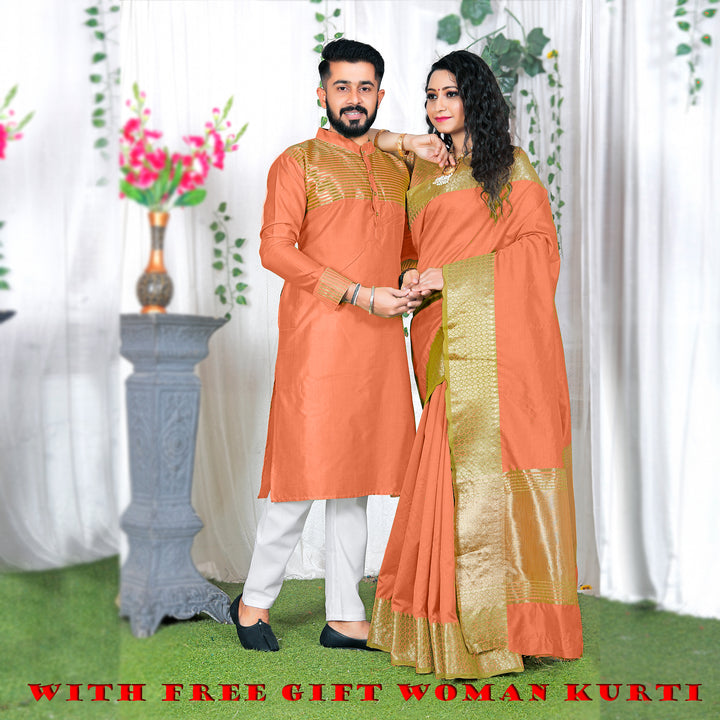 Lovely Peach Couple Dress Silk Saree & Kurta with Free Gift Kurti