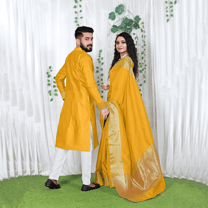 Lovely Yellow Couple Dress Silk Saree & Kurta