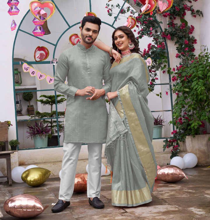 Sumitra Gold Grey Couple Set Saree and Kurta