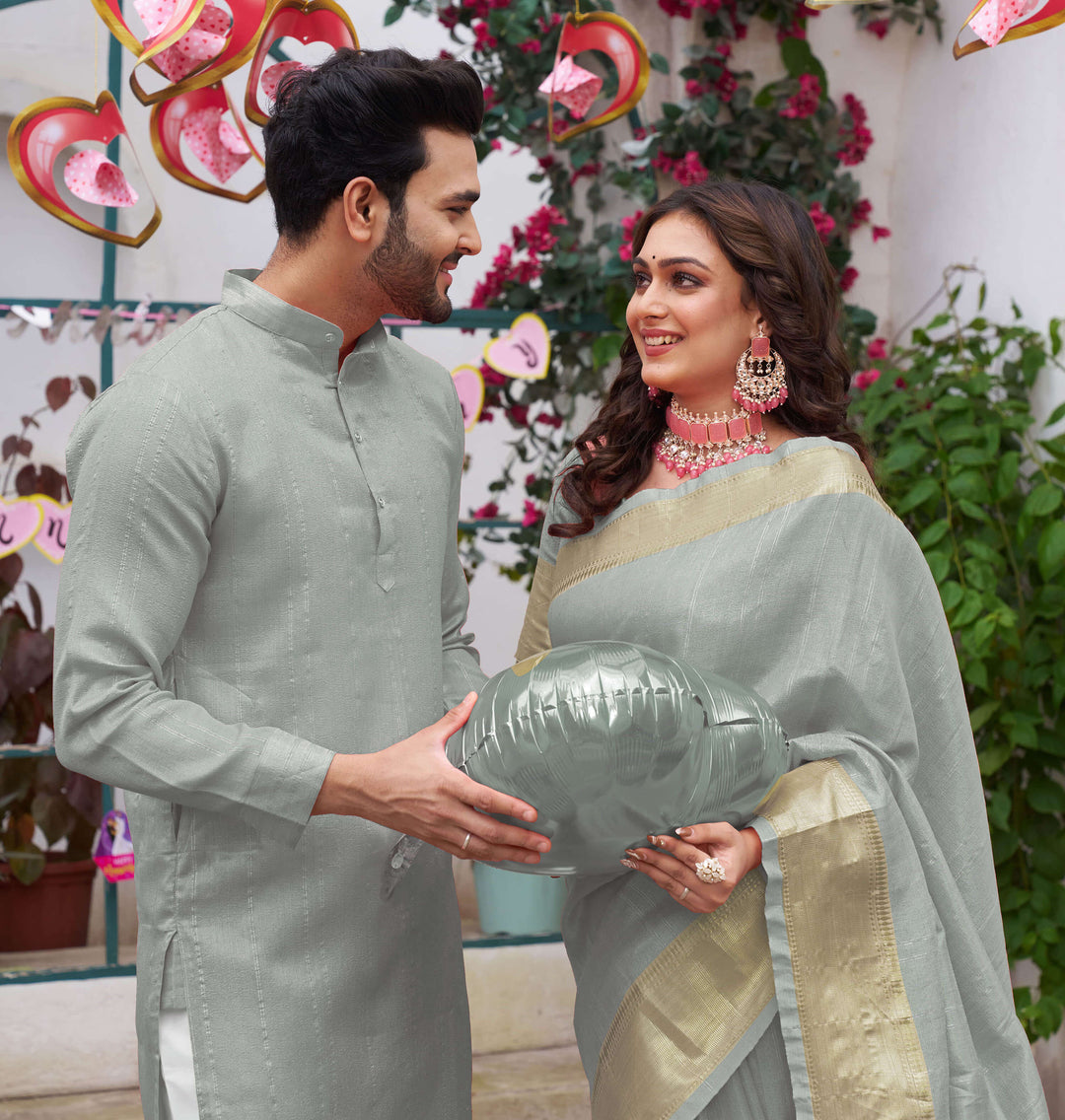 Sumitra Gold Grey Couple Set Saree and Kurta