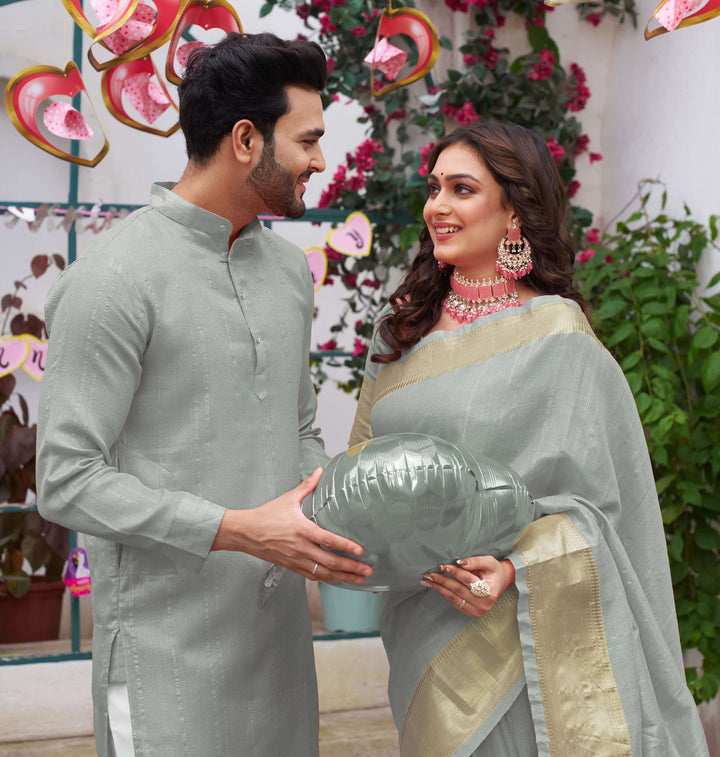 Sumitra Gold Grey Couple Set Saree and Kurta