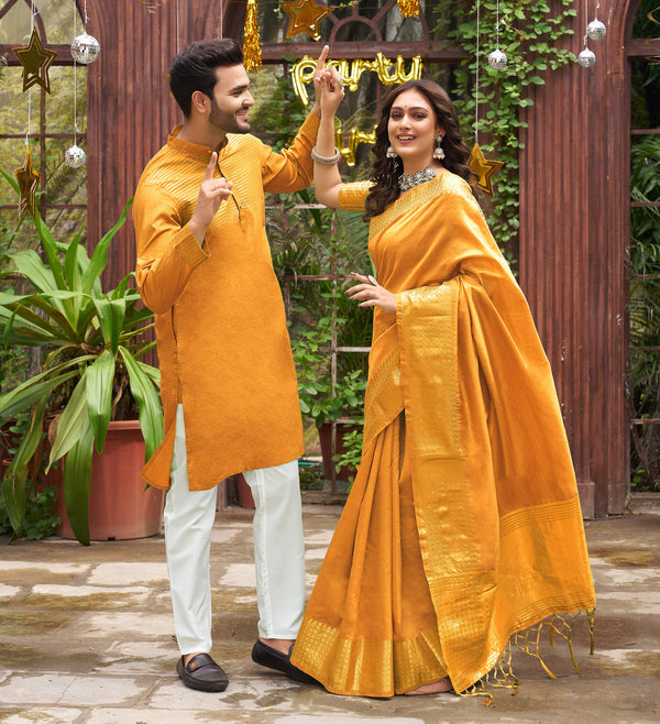 Lovely Yellow Couple Dress Silk Saree & Kurta