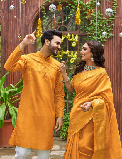 Lovely Yellow Couple Dress Silk Saree & Kurta