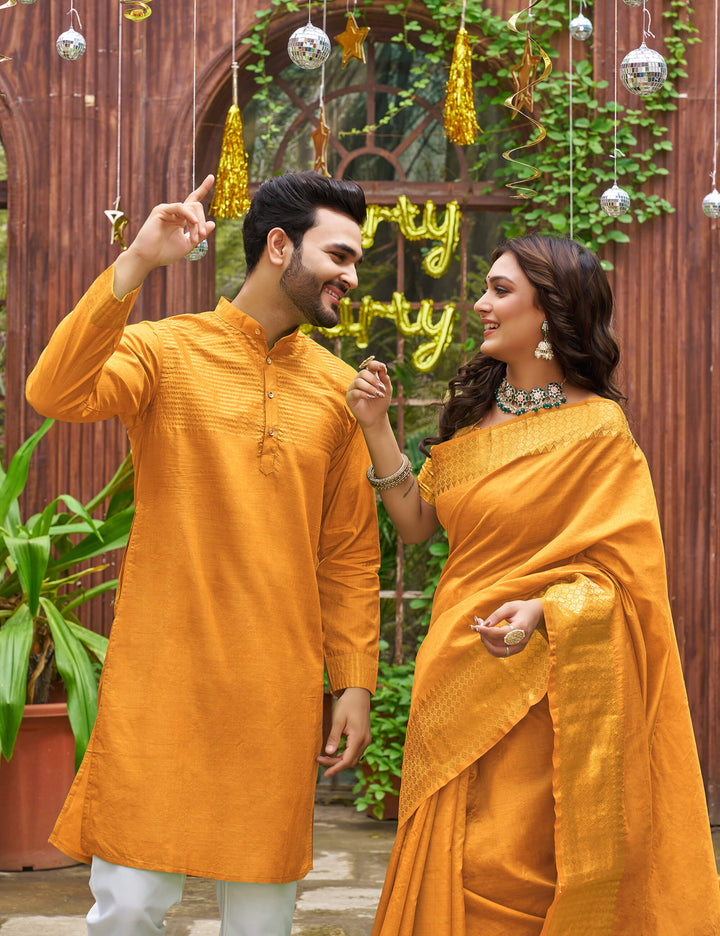 Lovely Yellow Couple Dress Silk Saree & Kurta